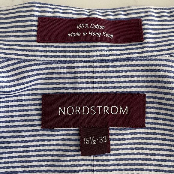 Nordstrom Lg Slv Button Down Oxford Collar Striped Cotton Shirt Blue+Wht Sz 15.5 - Picture 10 of 13